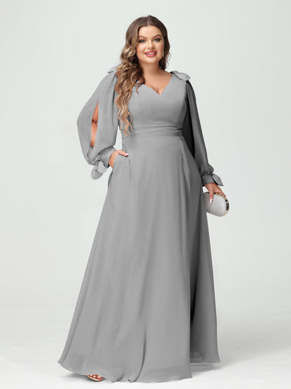 Corte A/Princesa Decote Em V Manga Comprida Chiffon Dividido Lateral Plus Size Vestidos de Dama de Honra com Bolsos