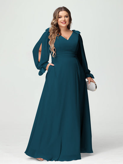Corte A/Princesa Decote Em V Manga Comprida Chiffon Dividido Lateral Plus Size Vestidos de Dama de Honra com Bolsos