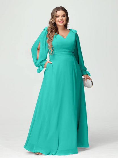 Corte A/Princesa Decote Em V Manga Comprida Chiffon Dividido Lateral Plus Size Vestidos de Dama de Honra com Bolsos