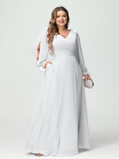 Corte A/Princesa Decote Em V Manga Comprida Chiffon Dividido Lateral Plus Size Vestidos de Dama de Honra com Bolsos