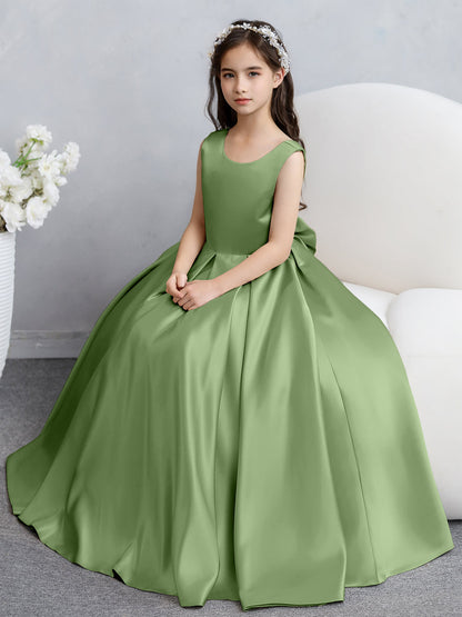 Vestidos de Flores de Cetim com Gola Redonda e Laço