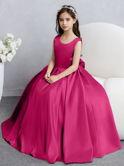 Vestidos de Flores de Cetim com Gola Redonda e Laço