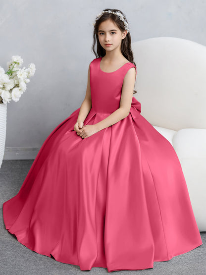 Vestidos de Flores de Cetim com Gola Redonda e Laço