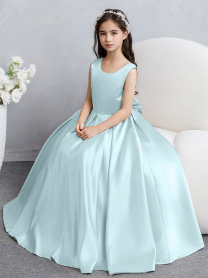 Vestidos de Flores de Cetim com Gola Redonda e Laço