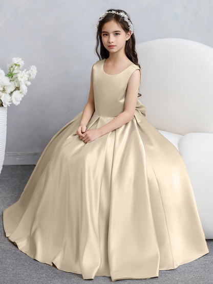 Vestidos de Flores de Cetim com Gola Redonda e Laço