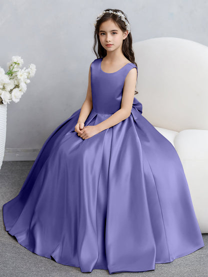 Vestidos de Flores de Cetim com Gola Redonda e Laço