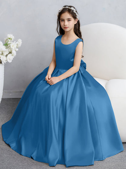 Vestidos de Flores de Cetim com Gola Redonda e Laço