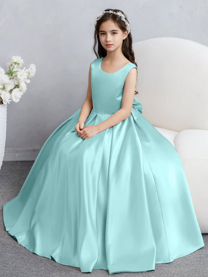 Vestidos de Flores de Cetim com Gola Redonda e Laço