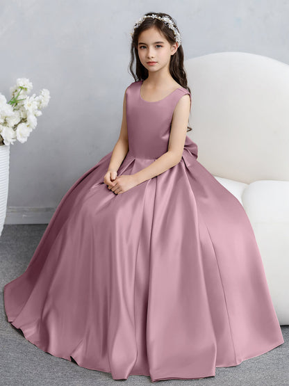 Vestidos de Flores de Cetim com Gola Redonda e Laço