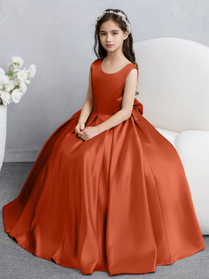 Vestidos de Flores de Cetim com Gola Redonda e Laço