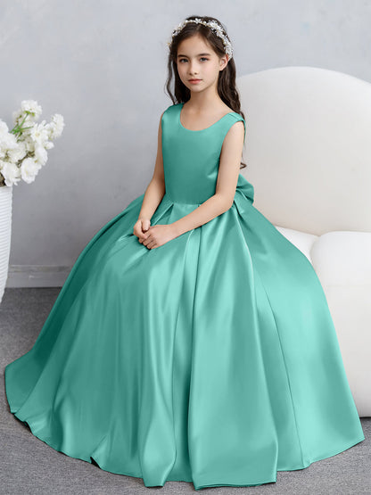 Vestidos de Flores de Cetim com Gola Redonda e Laço