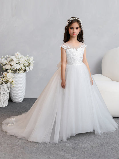 Vestidos de Flor de Tule com Gola Redonda e Apliques e Laço