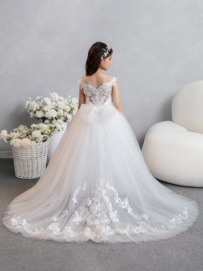 Vestidos de Flor de Tule com Gola Redonda e Apliques e Laço