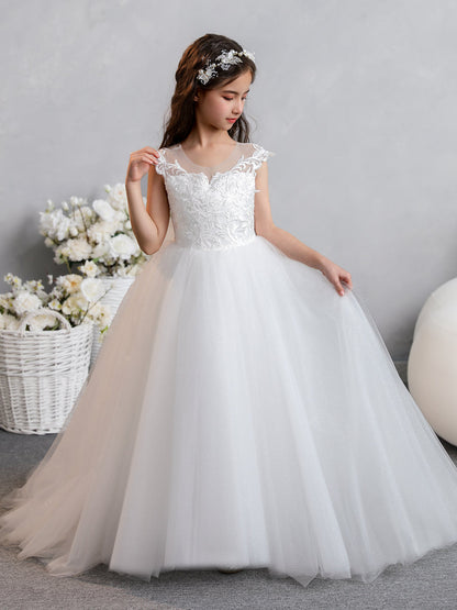 Vestidos de Flor de Tule com Gola Redonda e Apliques e Laço