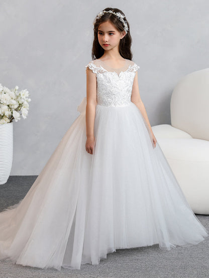 Vestidos de Flor de Tule com Gola Redonda e Apliques e Laço