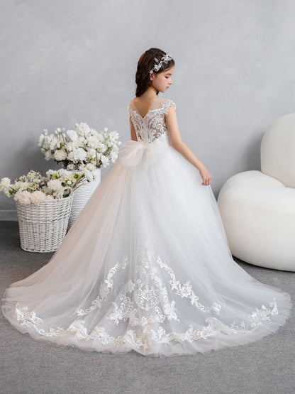 Vestidos de Flor de Tule com Gola Redonda e Apliques e Laço