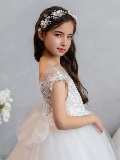 Vestidos de Flor de Tule com Gola Redonda e Apliques e Laço