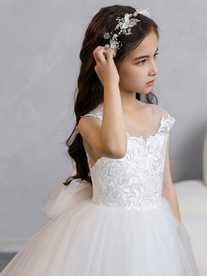 Vestidos de Flor de Tule com Gola Redonda e Apliques e Laço