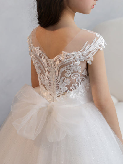 Vestidos de Flor de Tule com Gola Redonda e Apliques e Laço