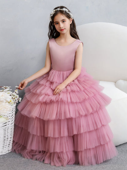 Vestidos Florais de Tule de Cetim com Gola Redonda e Pregas Em Camadas e Laço
