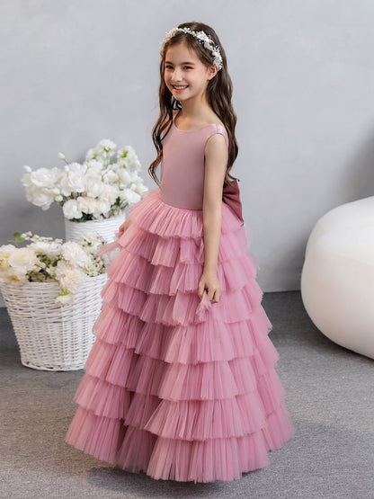 Vestidos Florais de Tule de Cetim com Gola Redonda e Pregas Em Camadas e Laço