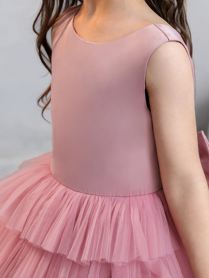Vestidos Florais de Tule de Cetim com Gola Redonda e Pregas Em Camadas e Laço