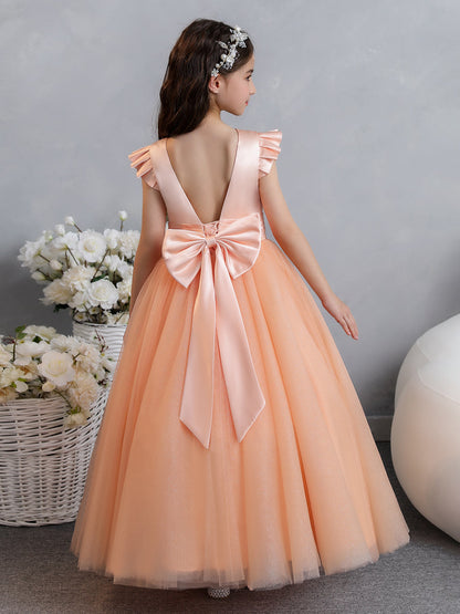 Tule Vestido de Baile/Princesa Manga Curta Vestidos para Meninas Das Flores com Laço