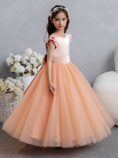 Tule Vestido de Baile/Princesa Manga Curta Vestidos para Meninas Das Flores com Laço
