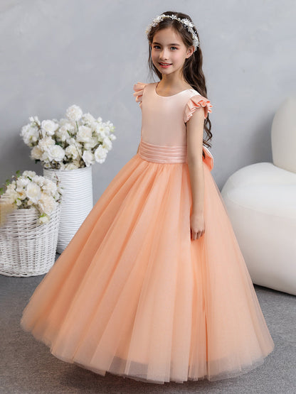 Tule Vestido de Baile/Princesa Manga Curta Vestidos para Meninas Das Flores com Laço