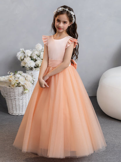 Tule Vestido de Baile/Princesa Manga Curta Vestidos para Meninas Das Flores com Laço