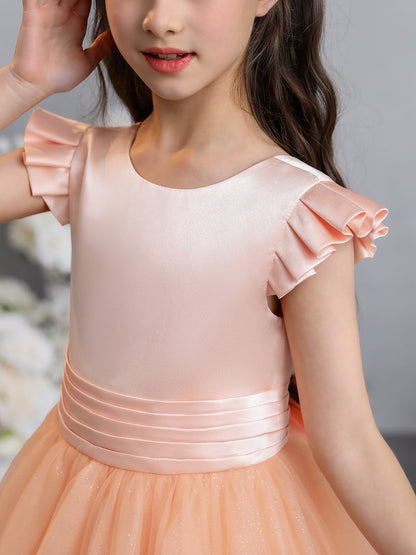 Tule Vestido de Baile/Princesa Manga Curta Vestidos para Meninas Das Flores com Laço