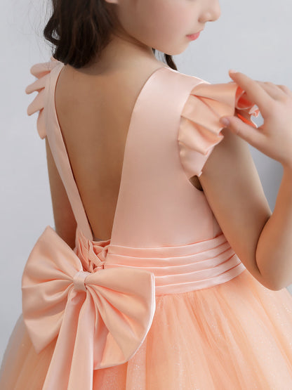 Tule Vestido de Baile/Princesa Manga Curta Vestidos para Meninas Das Flores com Laço