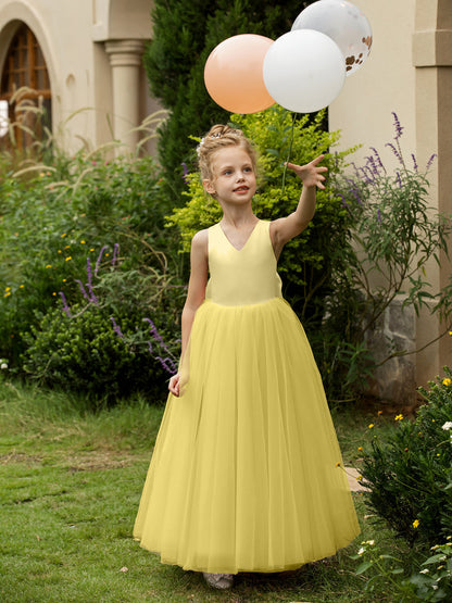 Vestidos de Flor de Tule Sem Mangas com Decote Em V e Laço de Cetim