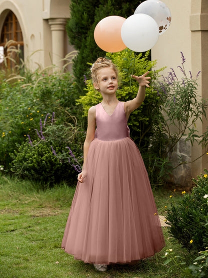 Vestidos de Flor de Tule Sem Mangas com Decote Em V e Laço de Cetim
