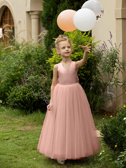 Vestidos de Flor de Tule Sem Mangas com Decote Em V e Laço de Cetim