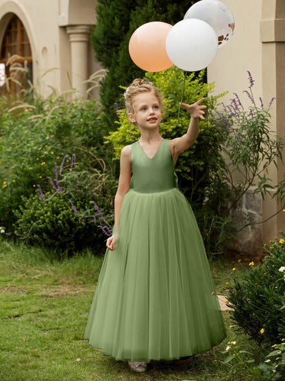 Vestidos de Flor de Tule Sem Mangas com Decote Em V e Laço de Cetim