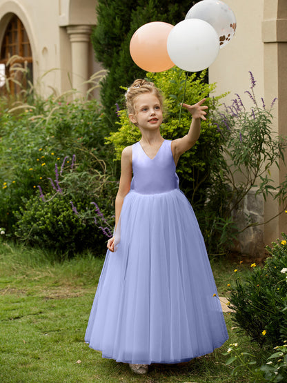 Vestidos de Flor de Tule Sem Mangas com Decote Em V e Laço de Cetim