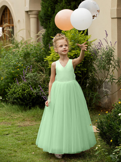 Vestidos de Flor de Tule Sem Mangas com Decote Em V e Laço de Cetim
