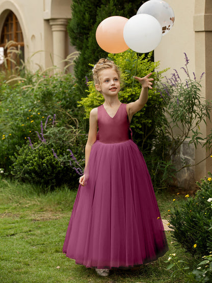 Vestidos de Flor de Tule Sem Mangas com Decote Em V e Laço de Cetim