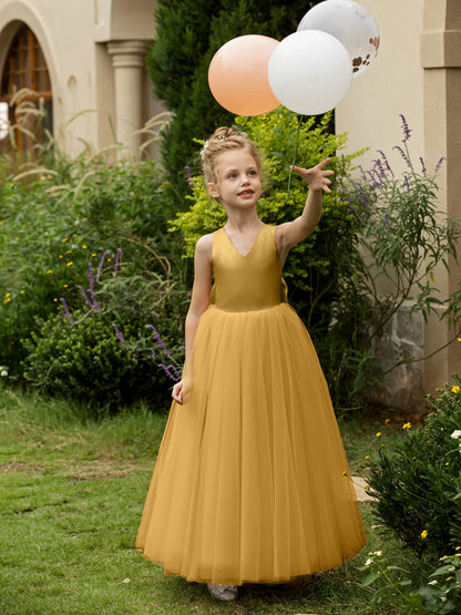 Vestidos de Flor de Tule Sem Mangas com Decote Em V e Laço de Cetim