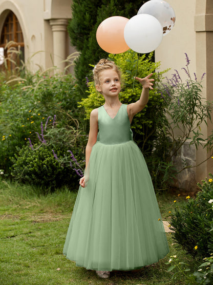 Vestidos de Flor de Tule Sem Mangas com Decote Em V e Laço de Cetim