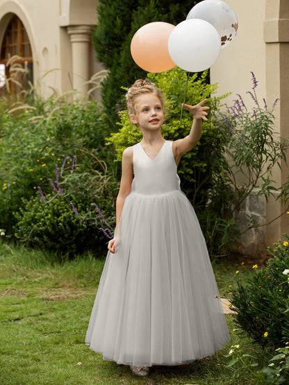 Vestidos de Flor de Tule Sem Mangas com Decote Em V e Laço de Cetim