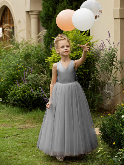 Vestidos de Flor de Tule Sem Mangas com Decote Em V e Laço de Cetim