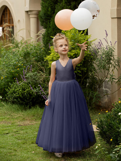 Vestidos de Flor de Tule Sem Mangas com Decote Em V e Laço de Cetim