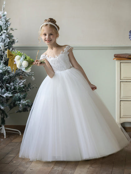 Vestidos de Flor de Tule com Gola Redonda e Apliques e Laço