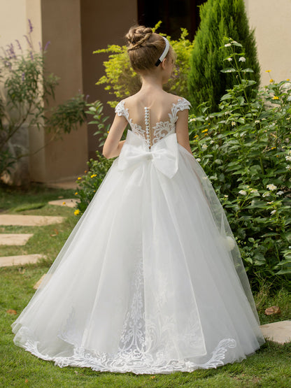 Vestidos de Flor de Tule com Gola Redonda e Apliques e Laço