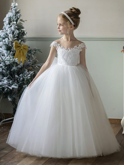 Vestidos de Flor de Tule com Gola Redonda e Apliques e Laço