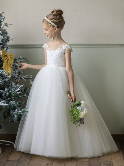 Vestidos de Flor de Tule com Gola Redonda e Apliques e Laço
