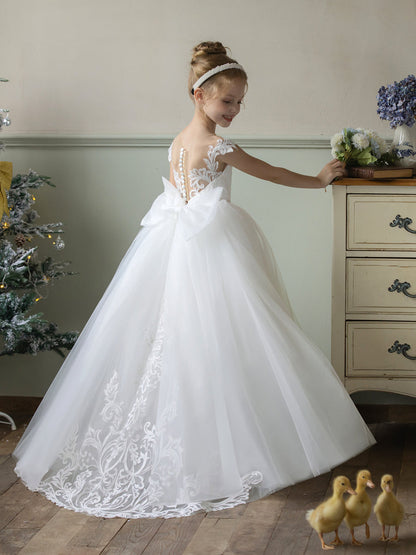 Vestidos de Flor de Tule com Gola Redonda e Apliques e Laço