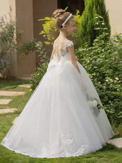 Vestidos de Flor de Tule com Gola Redonda e Apliques e Laço